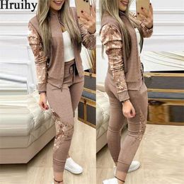 Women's Tracksuits Autumn Winter Two Piece Outfits for Women Fashion Sequins Zipper Coat Tops Drawstring Pants Set Casual Tracksuit Sweat Suits T201031