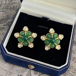 Stud Earrings French Retro Grandmother Green Agate Copper Plated With Real Gold Snowflake Micro-inlaid Zircon Fashion High-grade