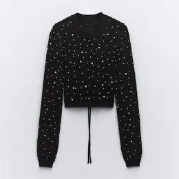 Women's Sweaters 2024 Spring Autumn Women Faux Pearls Cropped Knit Sweater Round Neck Long Sleeves Open Back Pullover Trendy Casual