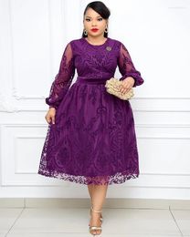 Casual Dresses Women Flocking Double Layer Lace Embroidery 2024 Lady Elegant Round Neck Lantern Sleeves A-Line Dress