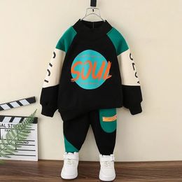 Boys Clothes Fleece Warm Hoodies Trousers Sets Kids Autumn Winter Letter Printed Sweatshirts Pants Outfits Baby Tracksuit 2-10Y 240117