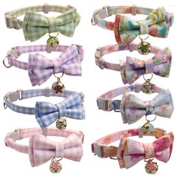 Dog Collars Candy Colour Plaid Cat Collar With Bell Safety Buckle Kitten Bow Tie Adjustable Pets Necklace Puppy Chihuahua Rabbits Neck Strap