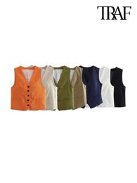 TRAF Women Fashion Front Button Linen Blend Waistcoat Vintage V Neck Sleeveless Female Outerwear Chic Vest Tops 240117