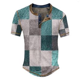 Men's Casual Shirts Neck Short Sleeved Top Striped Plaid Retro Western Denim Print Button T Shirt