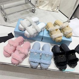 designer Crochet Flatform Slides fur fluff wool Slipper Woven Mono lith Mule Fabric Straw Platform Sandals Thick Bottom Flip Flops Women winter warm Slider