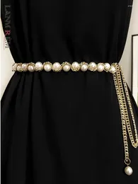 Belts LANMREM Fashion Tide Pearls Metal Chain Weaving Women Belt High Waist Casual All-match Dresses 2024 Spring Summer 2YA388