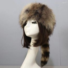 Berets Plush Russian Style Flat Top Hat Winter Mongolian Thicken Raccoon Tail For Adult Teens Keep Warm Wholesale