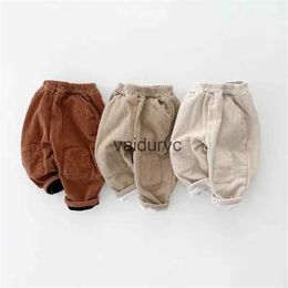 Trousers 2023 Winter New Baby Corduroy Plus Velvet Toddler Girl Harem Pants Infant Boys Warm Fleece Casual Clothes H240508