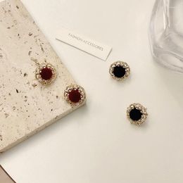 Stud Earrings Vintage Round Red Black Flowers For Women Lady Girl Fashion Romantic Wedding Geometric Party Jewelry Gifts