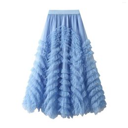 Skirts Multilayer Mesh Tulle Tutu For Women Fairycore Sweet High Waist Pleated A-Line Long Skirt Elegant Solid Colour Cake