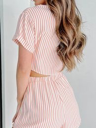Women's Sleepwear Women Pajamas Set 2 Pieces Loungewear Suits Stripe Front Tie Knot Short Sleeve Shirts Crop Tops And Shorts Outfits
