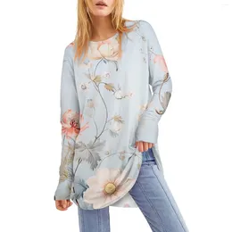 Women's T Shirts Raglan Sleeve T-Shirt Casual Round Neck Loose Long Pullovers Medium Length Flower Printed Tops