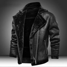 WORDKIND Homme PU Winter Motorcycle Jacket Motorcycle Leather Jacket Warm Plus Velvet Thick Retro Vintage Leisure Mens 240117