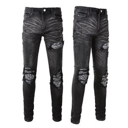 Man Black Jeans With Bandana Patch Rip Slim Fit