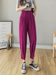 Women's Pants Summer 2024 Women Harem Elastic Waist Cropped Female Loose Wasit Office Ladies Ankle-length Trousers