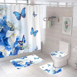 Shower Curtains 3D Print Bath Curtain Butterfly Flowers Toilet Rugs Carpet Waterproof Anti-slip Floralhower Curtains with