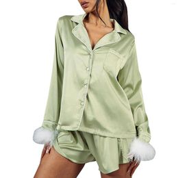 Women's Sleepwear 2 Piece Set Satin Pajamas Women Feathers Long Sleeve Tops And Shorts Casual Nighties Ladies Solid Nightgown Pijama