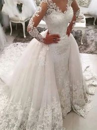 V-Neck Lace Wedding Dress With Detachable Skirt Long Sleeves Open Back Buttons Luxury Bridal Gowns Ivory Elegant Princess Bride Dresses Robe De Mariee 2024