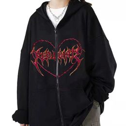 2023Y2K Gothic Millennium Women's Iron Loop Heart Zipper Sweater Oversize Cardigan Coat