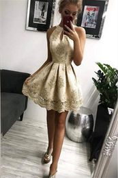 Gold Homecoming Champagne Dresses A Line Halter Neck Appliques Lace Short Party Dress Women Tail Prom Evening Gowns ppliques