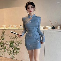 Ethnic Clothing Long Sleeve Cheongsam Print Bamboo Leaf Qipao Sexy Slim Chinese Style Dress Gown Short Improved Vestidos Female Elegant