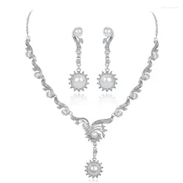 Necklace Earrings Set Fashionable And Versatile Korean Version Of Rhinestone Pearl Wedding Bride Jewellery