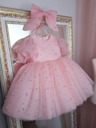 New Tulle Pink Flower Girl Dresses For Wedding Lovely Pearls Beaded Princess Cap Sleeves Tutu Big Bow Ball Gown Frist Holy Communion Dress Toddler Glitz Pageant