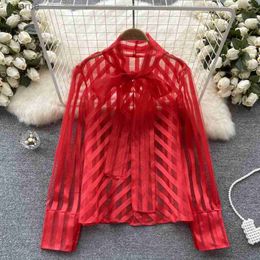 Women's Blouses Shirts New Spring Women's Sexy Perspective Red Striped Organza Blouses Office Lady Lace-up Bow Mesh Blusas Tops Long Sleeve Black Shirt YQ240118