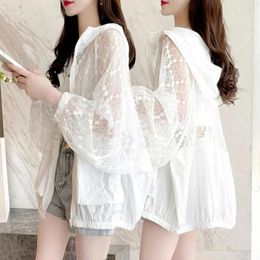 Women's Jackets 2024 Summer Fashion Sun Protection Clothing Korean Lace Hollow Out Splice Hooded Thin Loose Casual Female Jacket