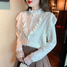 Women's Blouses Elegant Long Sleeve Lace Shirts Women Fashon Apricot Blouse Office Patchwork Button Up Tops Female Clothes 29751