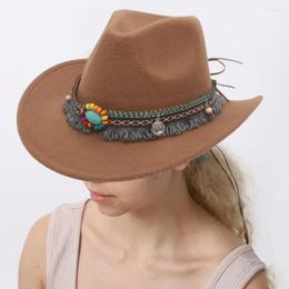 Berets Simple Women Men Fedora Hat Ethnic Style Beads Belt Decor Upturned Brim Woollen Jazz Top Fashion Accessories