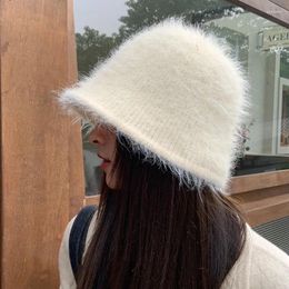 Berets Korean Women Autumn And Winter Simple Versatile Retro Bucket Hat Solid Color Imitation Fur Warm Outdoor Leisure Basin Cap
