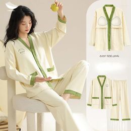 Women's Sleepwear Women Cotton Kawaii Clothes Chest Pads Long Sleeve Autumn Pajama Sets Loungewear Set Korean Pants Button
