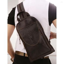 Backpack Men Genuine Leather Crossbody Chest Day Pack Vintage Sling Shoulder Messenger Travel Bag Crocodile Pattern Design Male