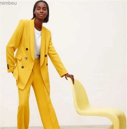 Women's Suits Blazers Yellow Fashion Pant Suits For Women Double Breasted Coat + Pants Office Ladies Casual Long Sleeves Blazer Straight Leg TrousersL240117