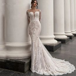 Elegant Mermaid Wedding Dress O-Neck Long Sleeves Lace Appliques Floor Length Bridal Gown Illusion Vestidos De Novia