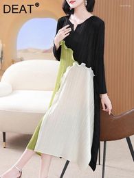 Casual Dresses Pleated Color Block Dress Women Full Sleeve A Line Pullover Round Collar Medium Long Loose Evening Party 15KB3961