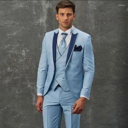 Men's Suits Sky Blue For Men Terno Elegant Blazer Single Breasted Peaked Lapel Formal 3 Piece Jacket Pants Vest Slim Fit Wedding Cloth