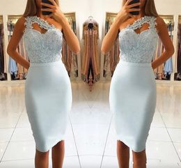 Short 2024 New Mini Homecoming Light Sky Blue One Shoulder Lace Appliques Beaded Knee Length Sheath Party Dresses Tail Gowns