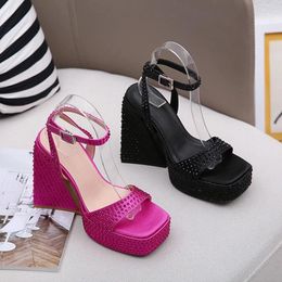 Sandals 2024 Summer Water Platform Thick Heel Buckle Women 14cm Roman High Heels Rhinstone Sandalias De Mujer