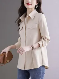 Women's Blouses Autumn Purple Lapel Women Cotton Shirts Beige Elegant Blouse Office Long Sleeve Loose Brown Single Breasted Tops Fashion