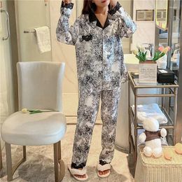 Women's Sleepwear 2024 Spring Summer Pajama Set Pure Cotton Double Layer Gauze Long Sleeve Two Piece Cartoon Cute Sweet Homesuits