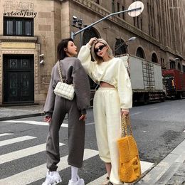 Women's Two Piece Pants Waffle Plaid Hoodie And Sets Women Sexy Tracksuits Casual Grey White Sportswear 2024 Autumn Winter 2 Outfits