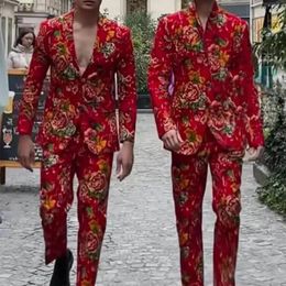 Men's Suits Men Floral Coat Suit Flower Print Northeast Style With Pockets Lapel Cardigan Unisex Formal Jacket Trousers Set