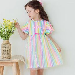 Girl Dresses Korean Baby Girls Colourful Striped Casual Dress Summer Children Clothing Short Sleeve Cotton 5 Years Kids Wear