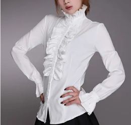 Victorian Flounce Blouse Women OL Office Ladies Business White Shirt High Neck Frilly Ruffle Cuffs Shirts Female Blouses 240117