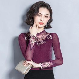 Women's Blouses 2024 Spring Autumn Long Sleeved Blouse Shirt Slim Lace Embroidery T-Shirt Mesh Ladies Tops OL Thin Clothing