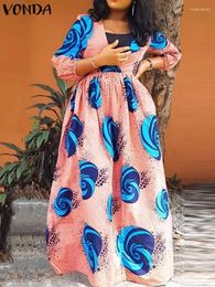 Casual Dresses VONDA Party Maxi Dress 2024 Autumn Women Sundress Sexy V Neck Bohemian Printed Long Vestidos 3/4 Sleeve Robe Femme