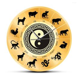 Wall Clocks Chinese Zodiac Sign Sheng Xiao Clock Culture Art Yin And Yang Circle Silent Non-ticking Timepiece