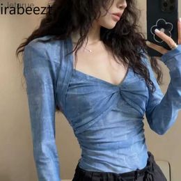 Women's Blouses Shirts Irabeezt Blue T-shirt Deep V Print Hot Girls Long Sleeve Tshirt Thin Casual High Street Slim Fit Sexy Bottom T Shirt Female Tops YQ240118